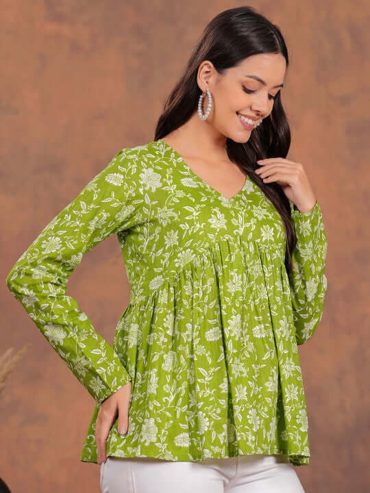 Olive Green Floral Printed Cotton Tunic Top