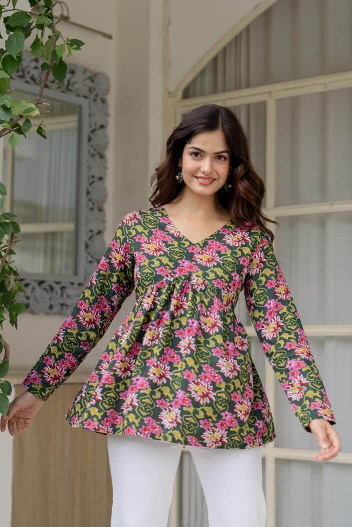 Olive Green Floral Printed Cotton Tunic Top