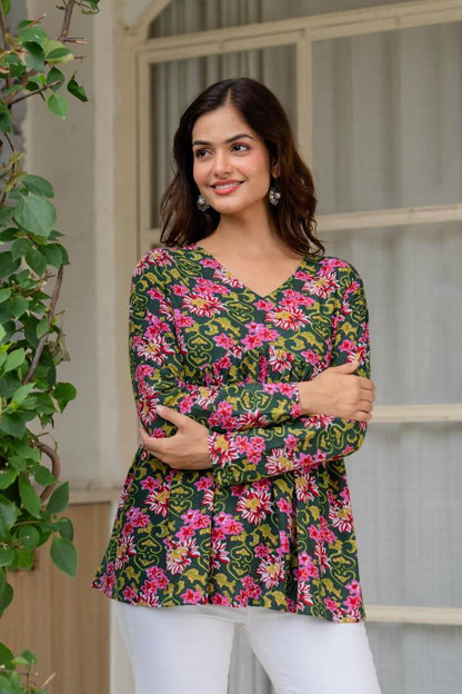 Olive Green Floral Printed Cotton Tunic Top