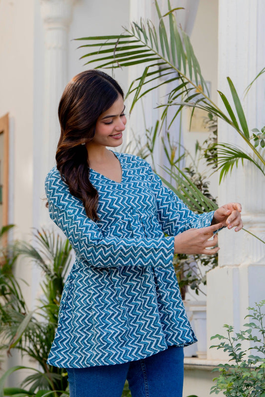 Teal Blue Zigzag Printed Cotton Tunic Top