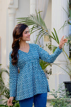 Teal Blue Zigzag Printed Cotton Tunic Top