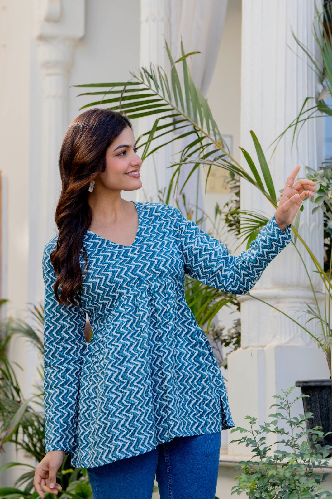 Teal Blue Zigzag Printed Cotton Tunic Top