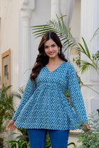 Teal Blue Zigzag Printed Cotton Tunic Top