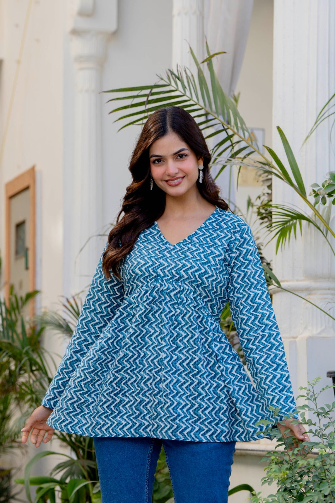 Teal Blue Zigzag Printed Cotton Tunic Top