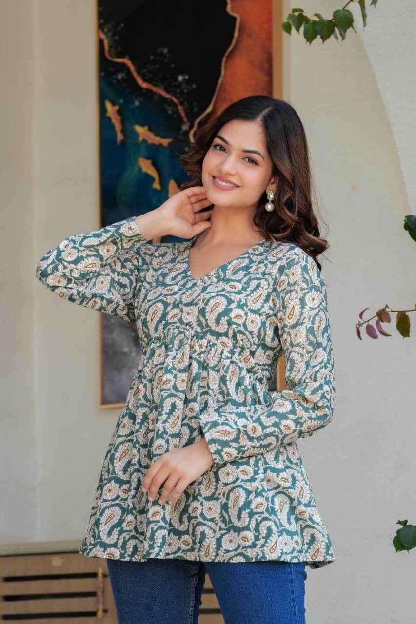 Sea Green Paisley Printed Cotton Tunic Top