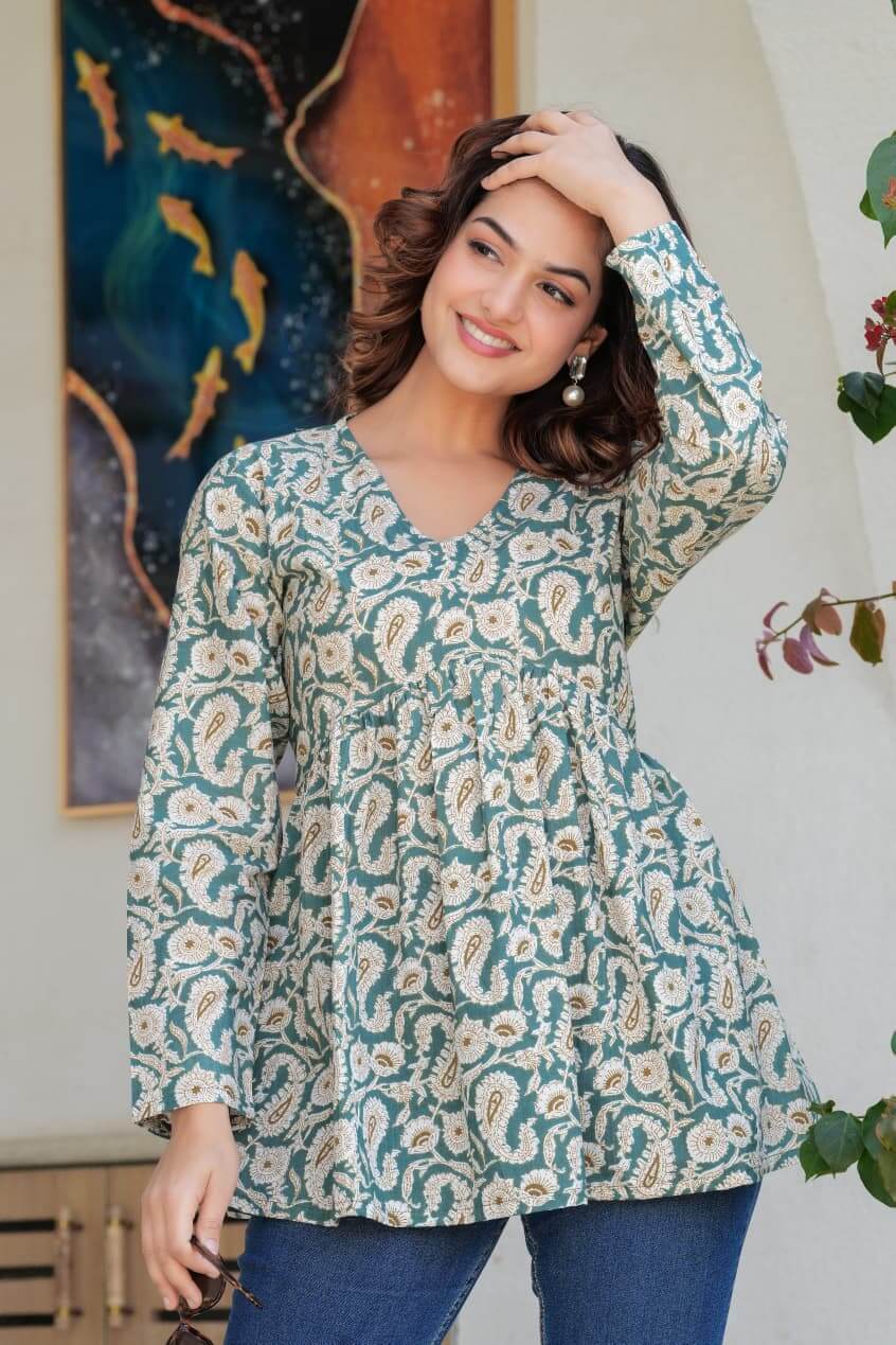 Sea Green Paisley Printed Cotton Tunic Top