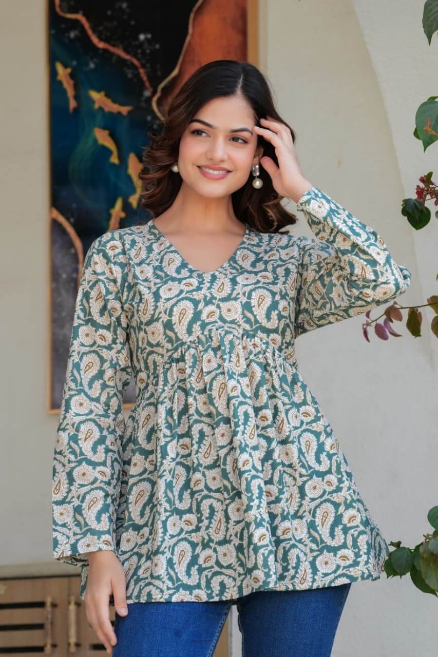 Sea Green Paisley Printed Cotton Tunic Top