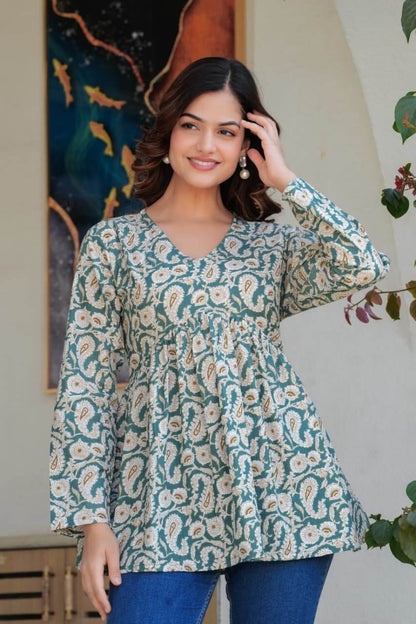 Sea Green Paisley Printed Cotton Tunic Top