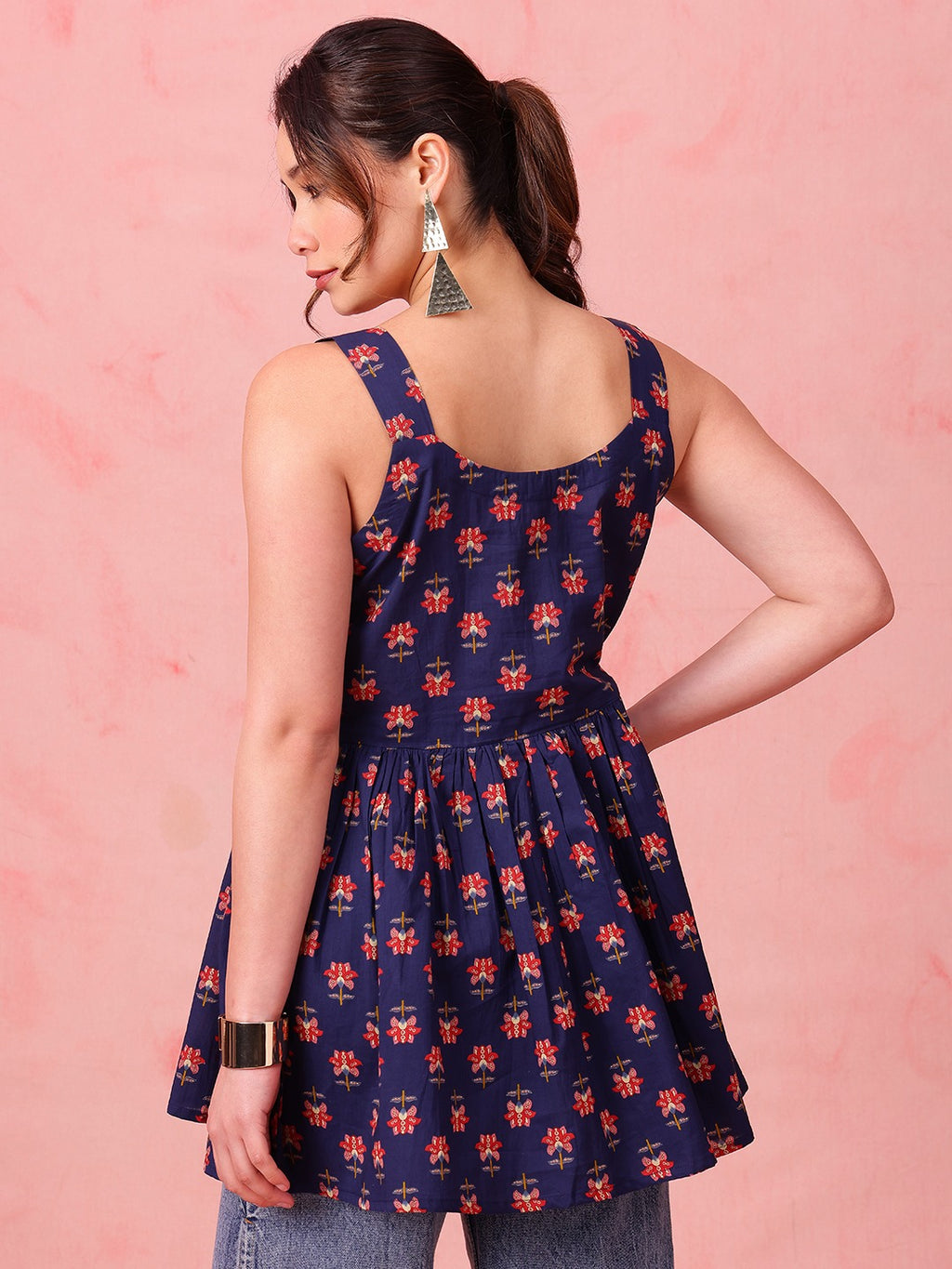 Navy Floral Cotton Peplum Top