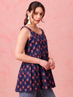 Navy Floral Cotton Peplum Top