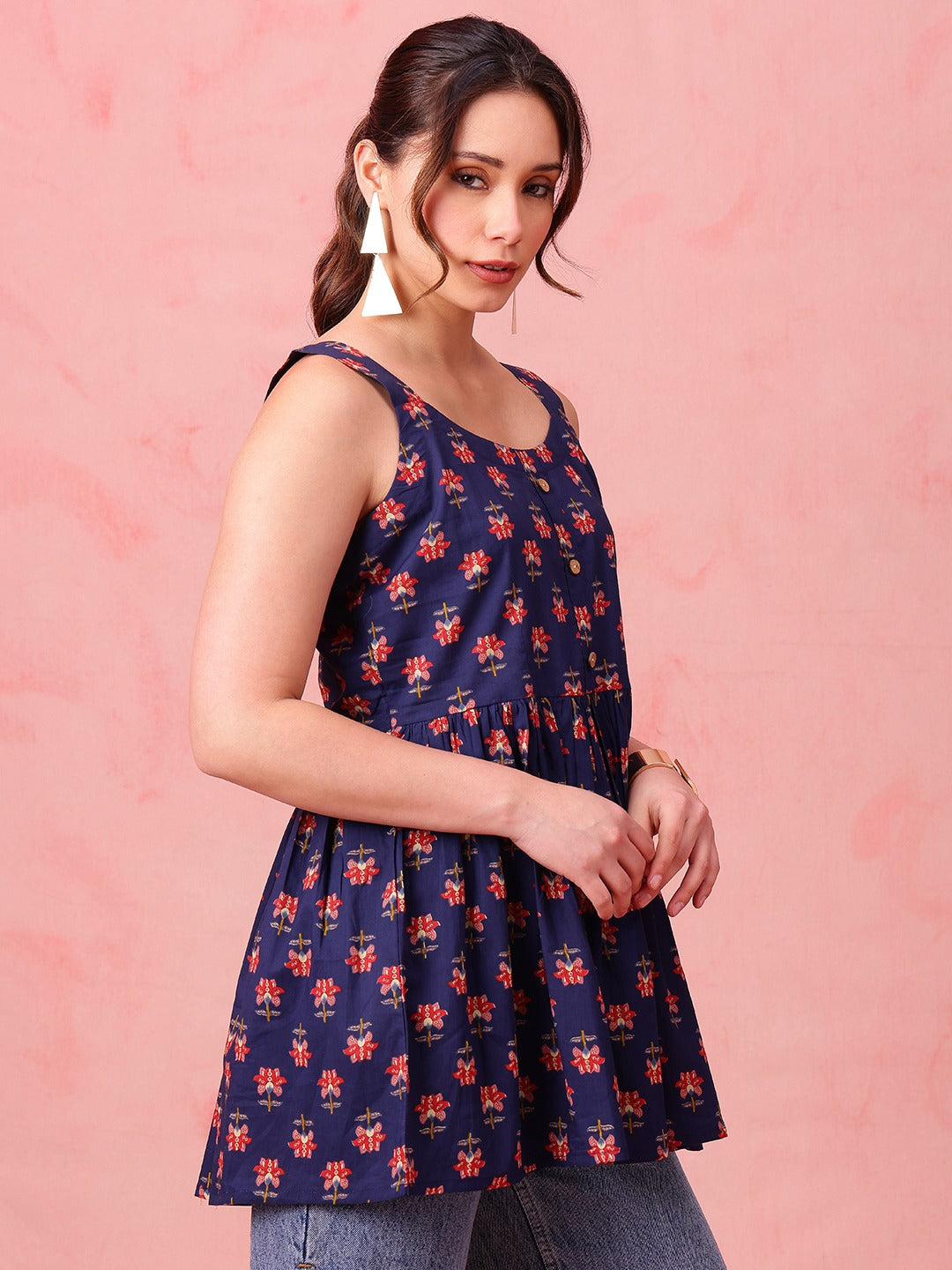 Navy Floral Cotton Peplum Top
