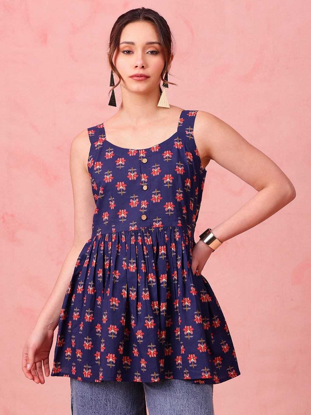 Navy Floral Cotton Peplum Top