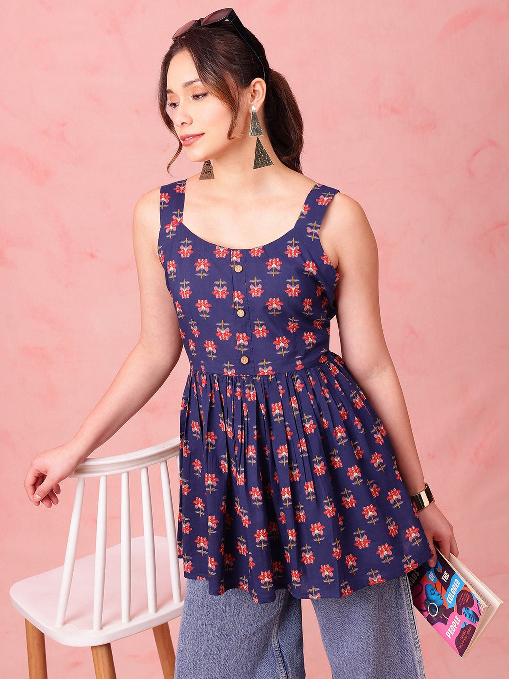 Navy Floral Cotton Peplum Top