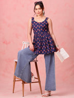 Navy Floral Cotton Peplum Top
