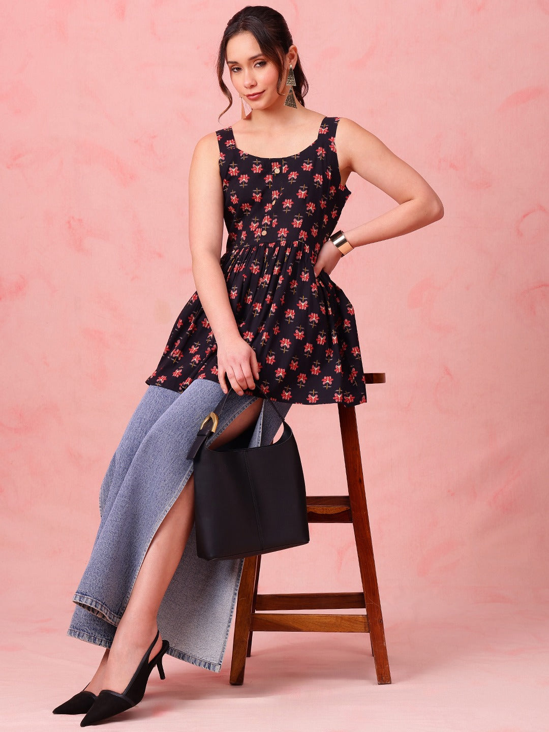 Navy Floral Cotton Peplum Top