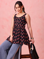 Navy Floral Cotton Peplum Top