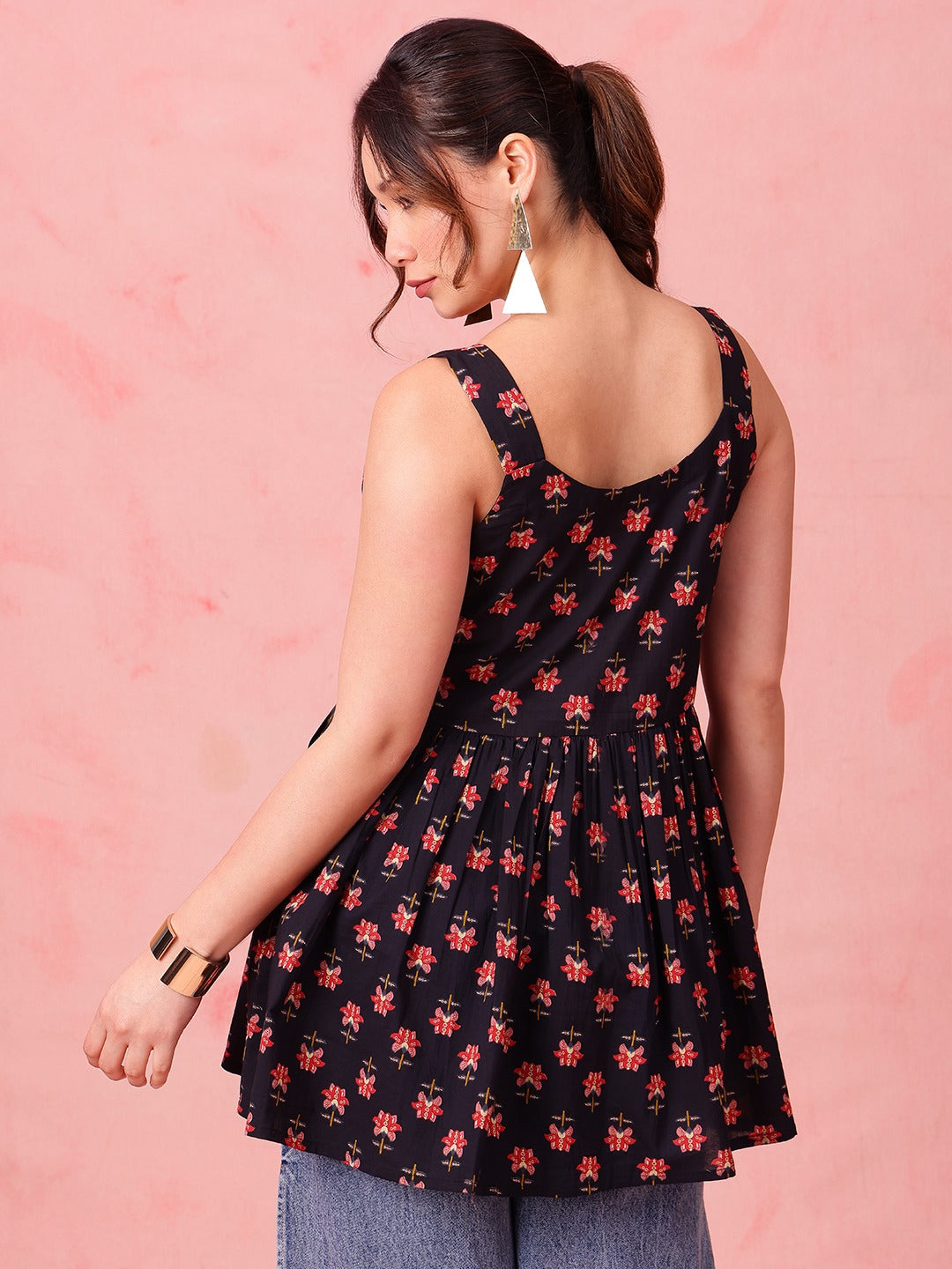 Navy Floral Cotton Peplum Top
