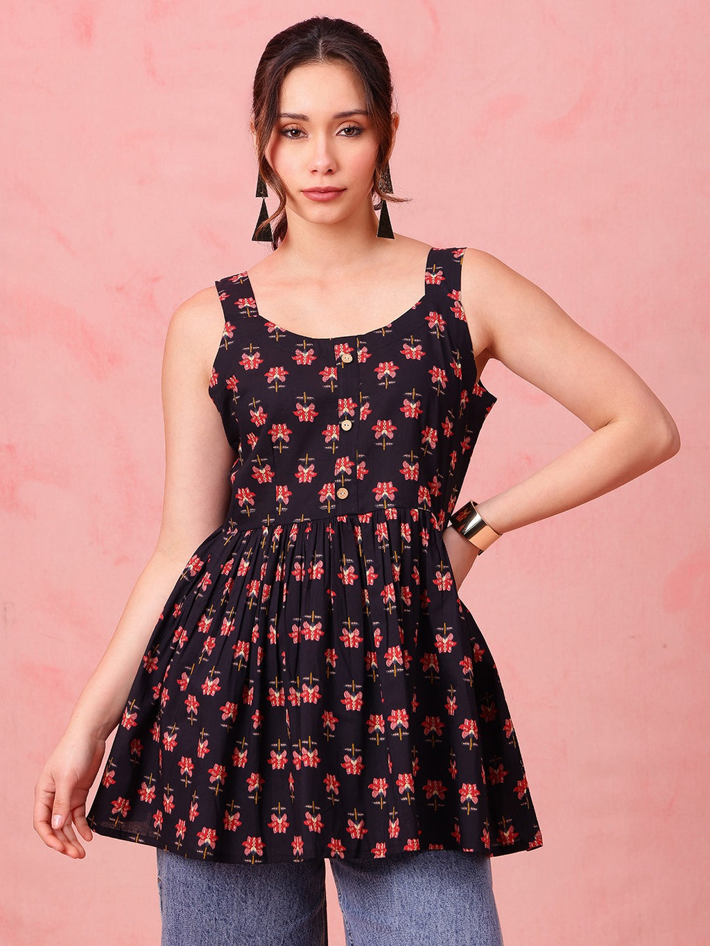 Navy Floral Cotton Peplum Top