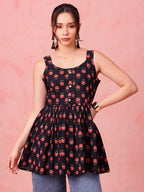 Navy Floral Cotton Peplum Top