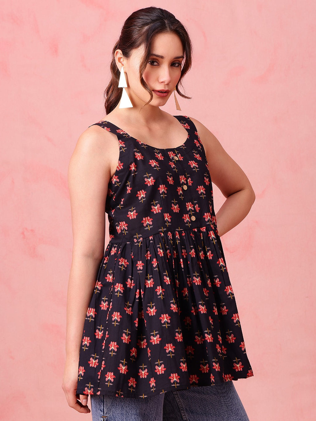 Navy Floral Cotton Peplum Top