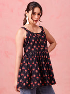 Navy Floral Cotton Peplum Top