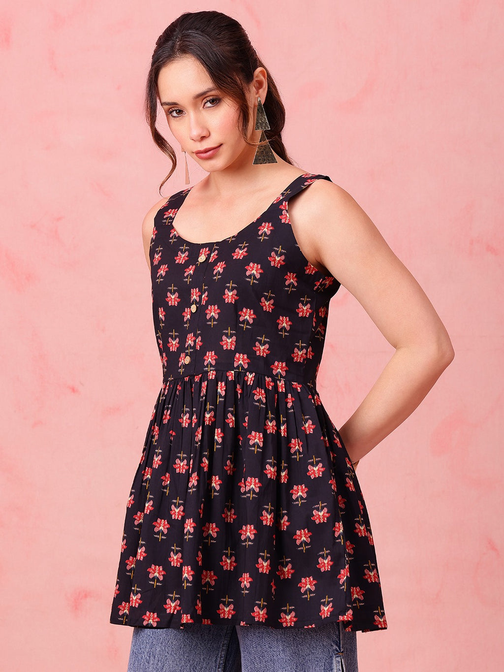Navy Floral Cotton Peplum Top