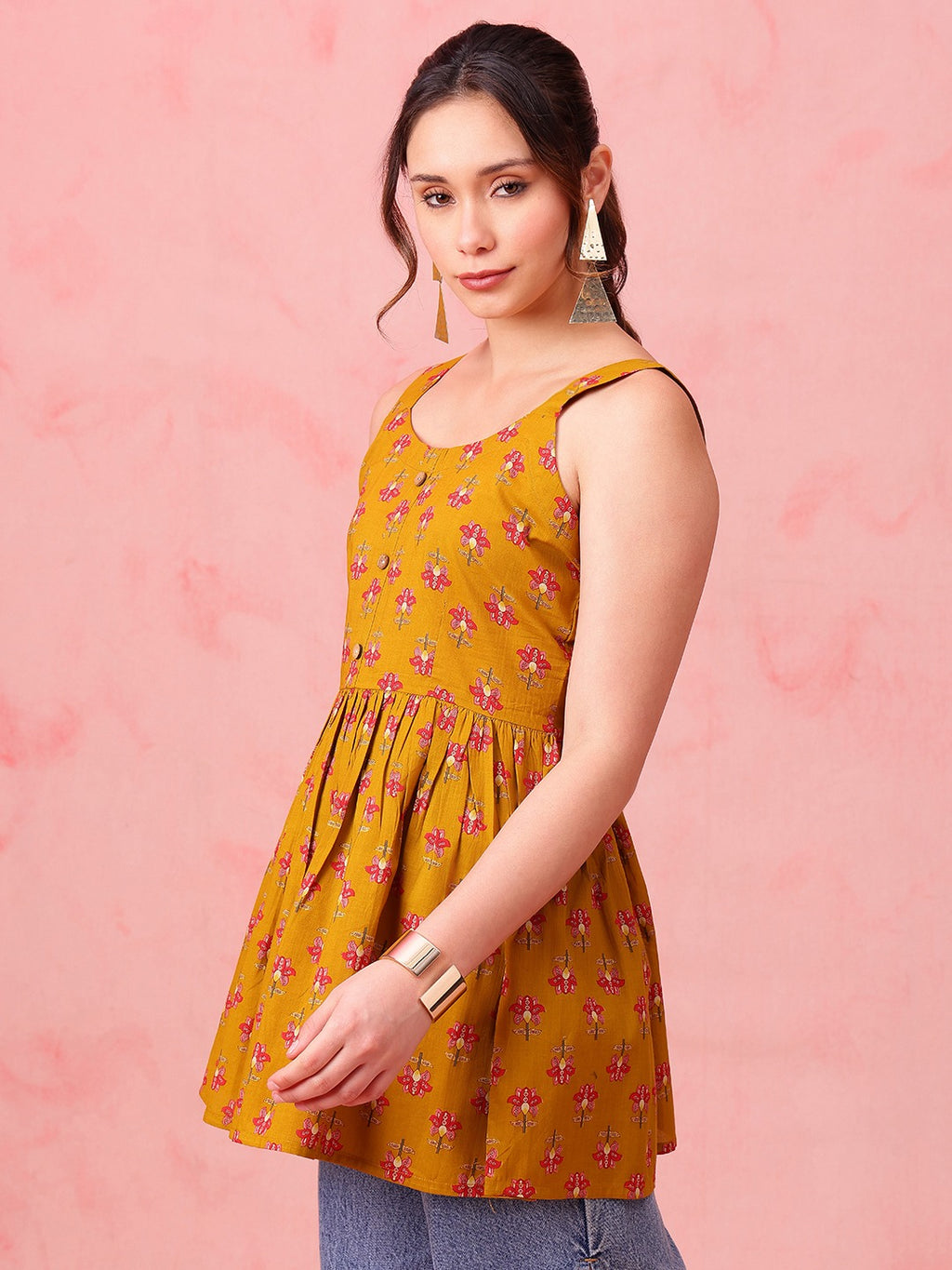 Mustard Floral Cotton Peplum Top