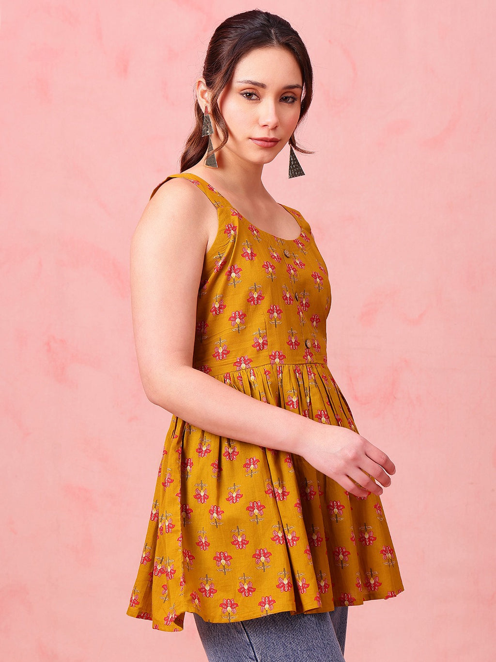 Mustard Floral Cotton Peplum Top