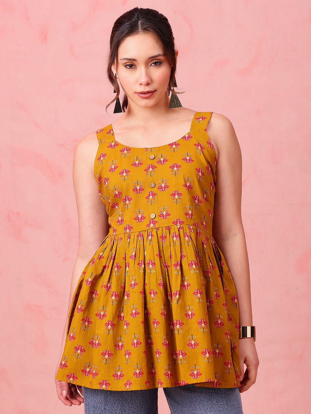 Mustard Floral Cotton Peplum Top