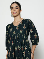 Dark Green Ikat Print Cotton Peplum Top