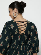Dark Green Ikat Print Cotton Peplum Top