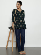 Dark Green Ikat Print Cotton Peplum Top