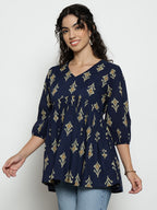 Dark Green Ikat Print Cotton Peplum Top