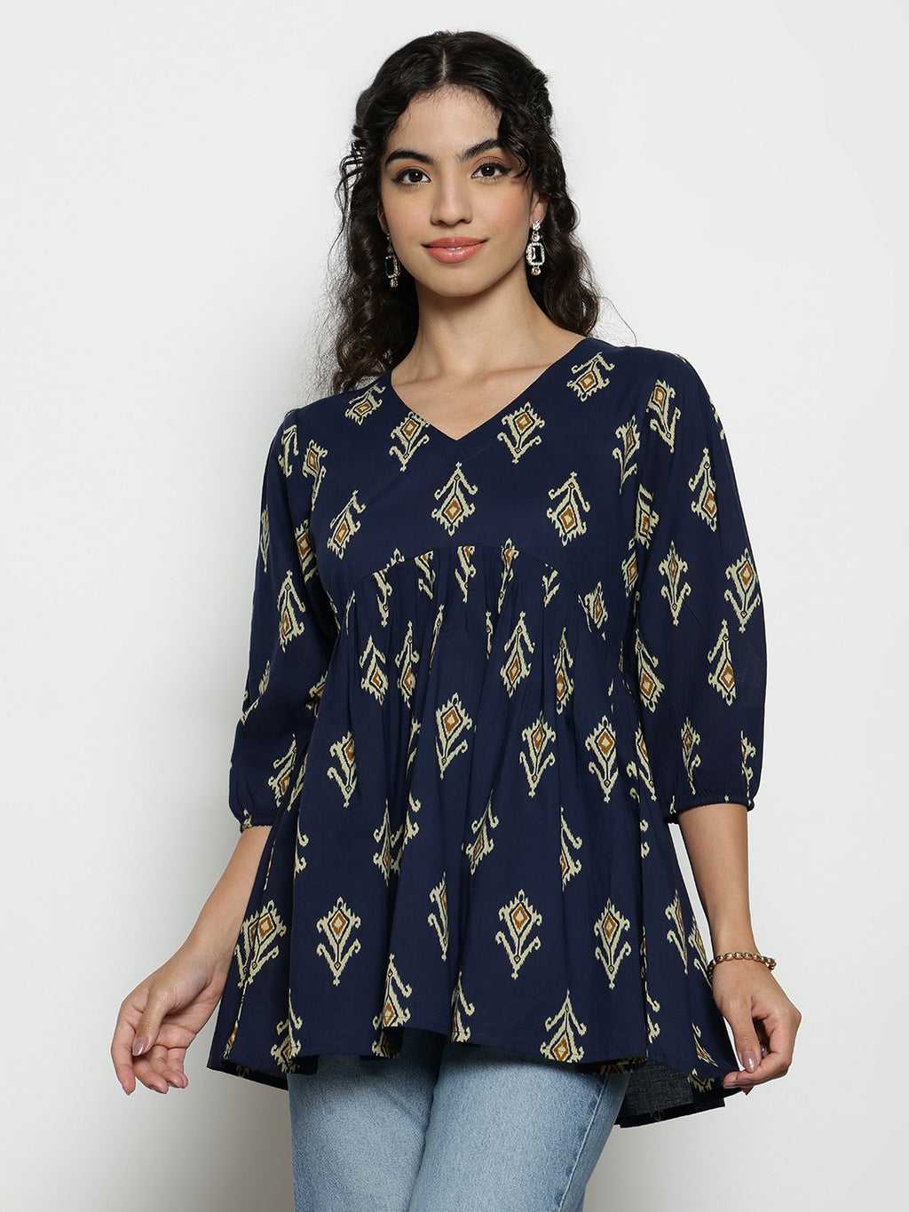 Dark Green Ikat Print Cotton Peplum Top