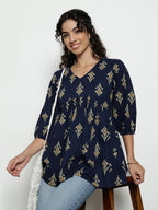 Dark Green Ikat Print Cotton Peplum Top