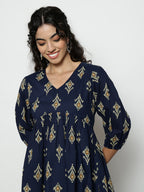 Dark Green Ikat Print Cotton Peplum Top