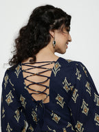 Dark Green Ikat Print Cotton Peplum Top