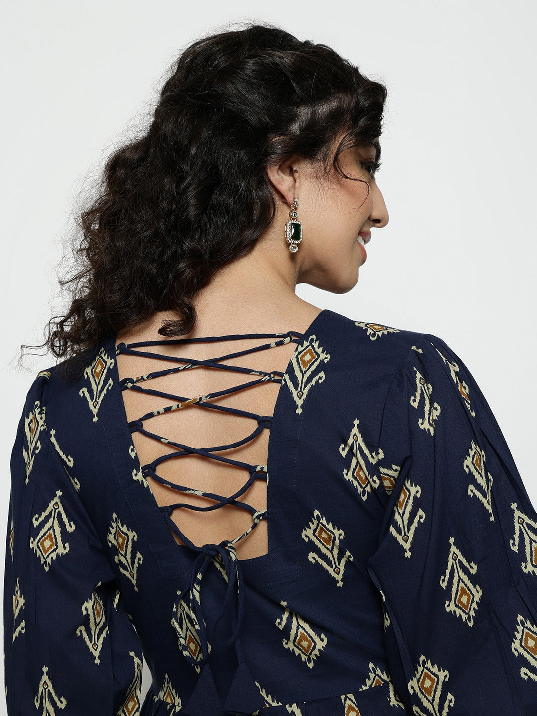 Dark Green Ikat Print Cotton Peplum Top