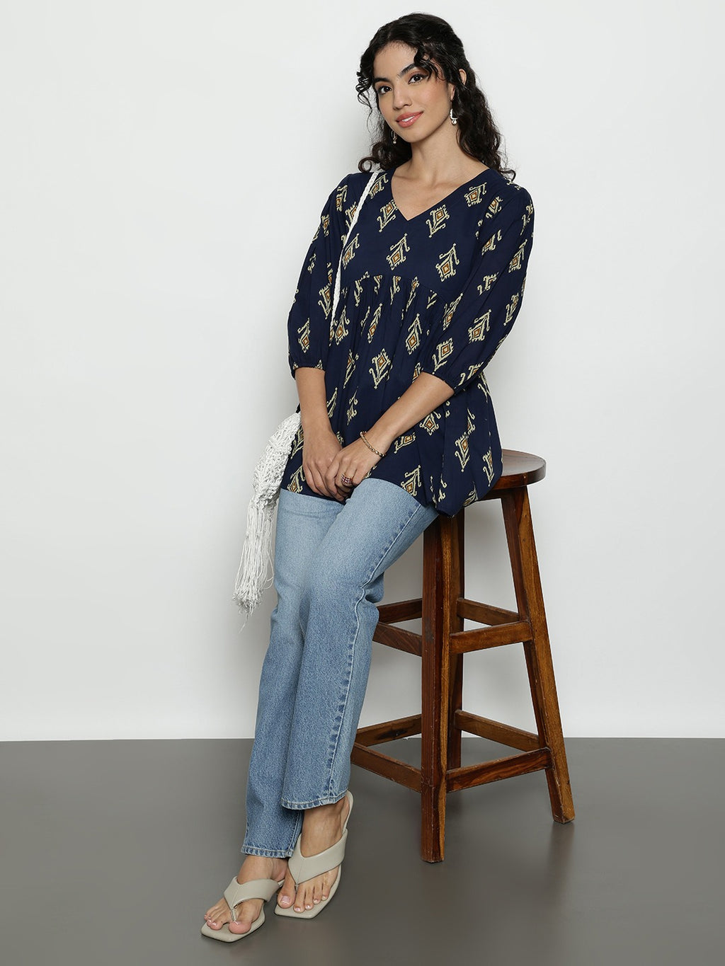 Dark Green Ikat Print Cotton Peplum Top