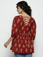 Dark Green Ikat Print Cotton Peplum Top