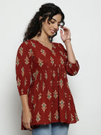 Dark Green Ikat Print Cotton Peplum Top