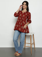 Dark Green Ikat Print Cotton Peplum Top