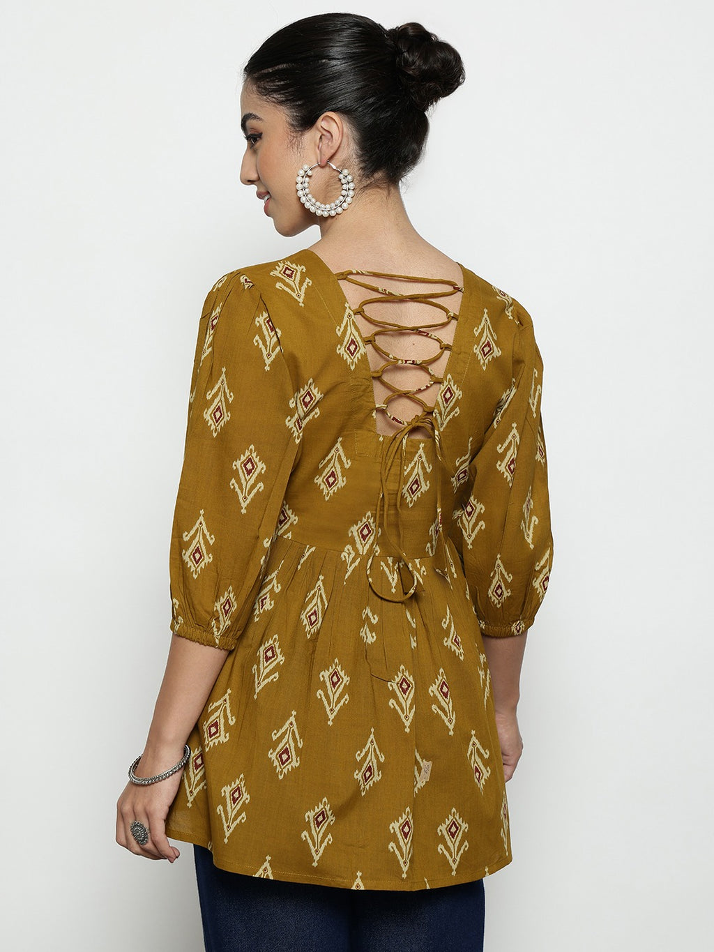 Dark Green Ikat Print Cotton Peplum Top