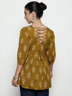 Dark Green Ikat Print Cotton Peplum Top