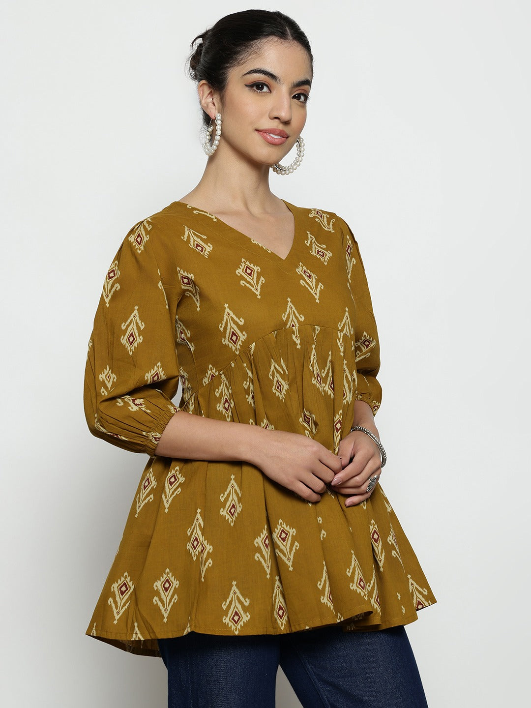 Dark Green Ikat Print Cotton Peplum Top