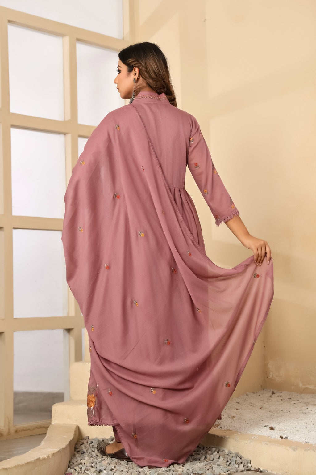 Dusty Rose Mul Cotton Embroidered Anarkali Kurta Set with Inner & Dupatta