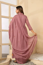 Dusty Rose Mul Cotton Embroidered Anarkali Kurta Set with Inner & Dupatta