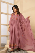 Dusty Rose Mul Cotton Embroidered Anarkali Kurta Set with Inner & Dupatta
