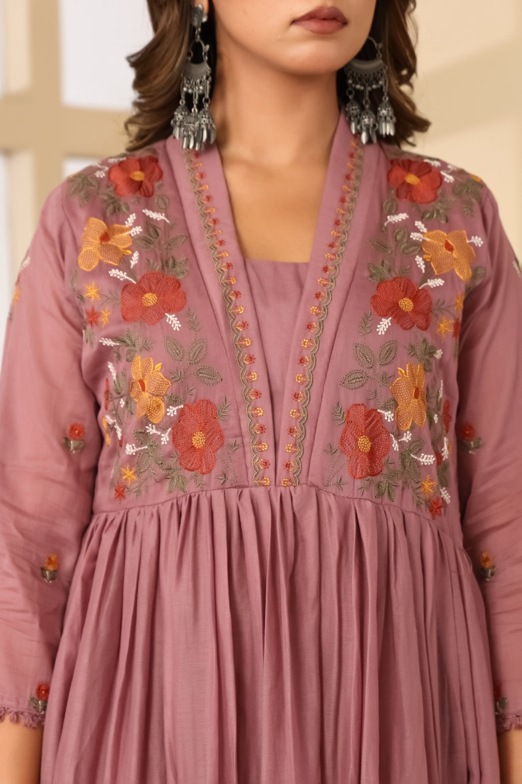 Dusty Rose Mul Cotton Embroidered Anarkali Kurta Set with Inner & Dupatta
