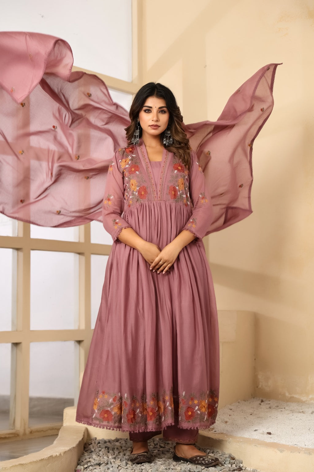 Dusty Rose Mul Cotton Embroidered Anarkali Kurta Set with Inner & Dupatta